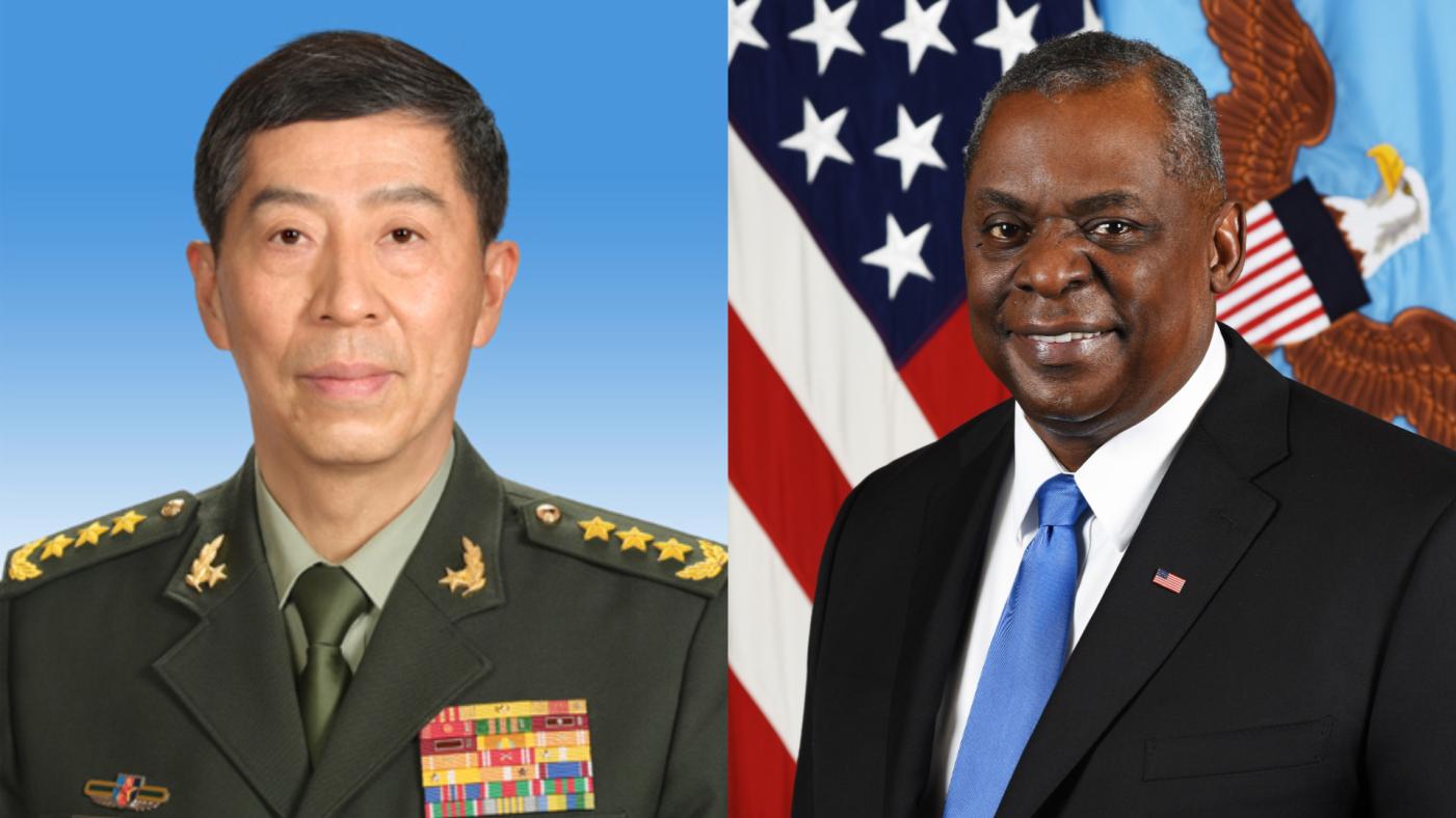  中國防長李尚福（左）不願與美國國防部長奧斯汀在新加坡「香格里拉對話」場外會晤。合成照片取自中國政府網頁、美國國防部網頁