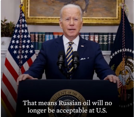 美國總統拜登8日宣布禁止俄羅斯石油和天然氣。翻攝美國總統官方推特@POTUS