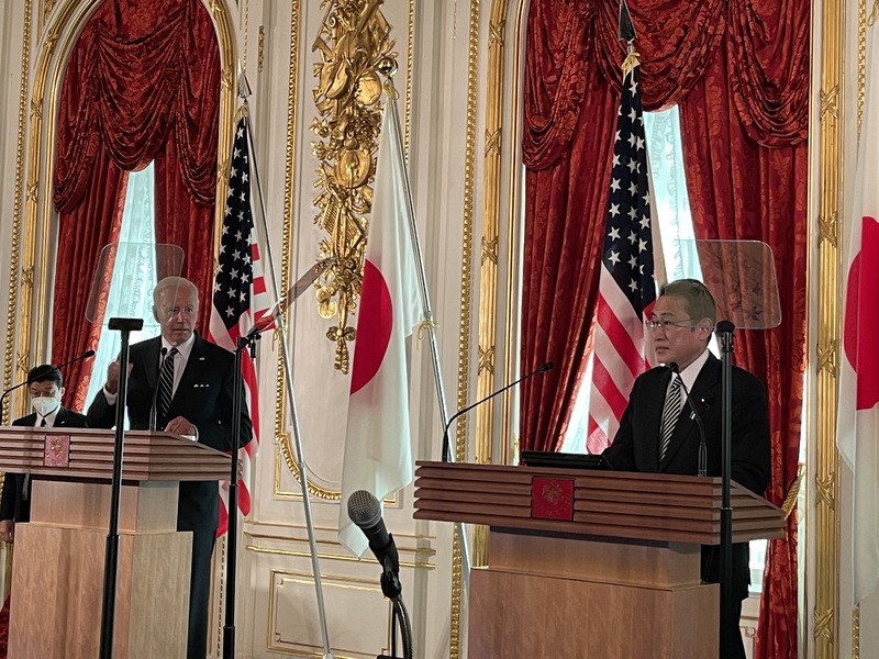 美日高峰會23日在東京舉行，美國總統拜登與日本首相岸田文雄出席會後的聯合記者會。中央社