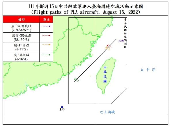 中共解放軍軍機航跡圖。國防部提供