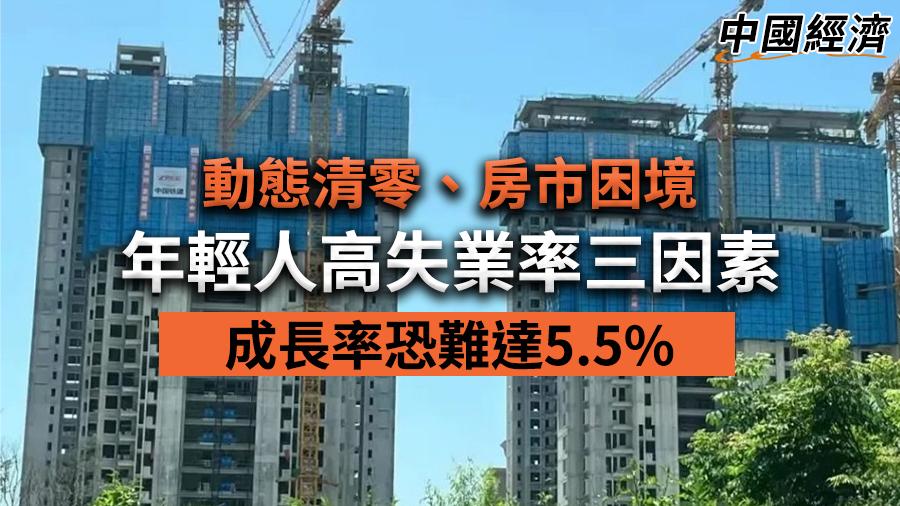 中國經濟／動態清零、房市困境、年輕人高失業率三因素　成長率恐難達5.5%